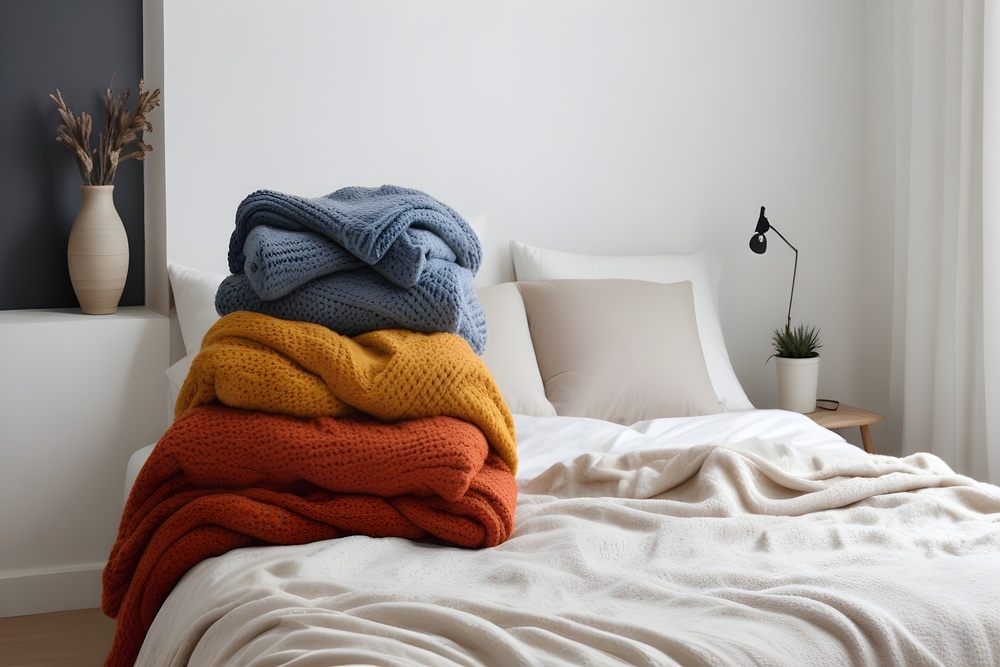 Cama con mantas de punto en colores vibrantes y textiles suaves que aportan calidez y confort. La combinación de detalles minimalistas y tonos neutros crea un espacio perfecto para favorecer un sueño reparador y acogedor.
